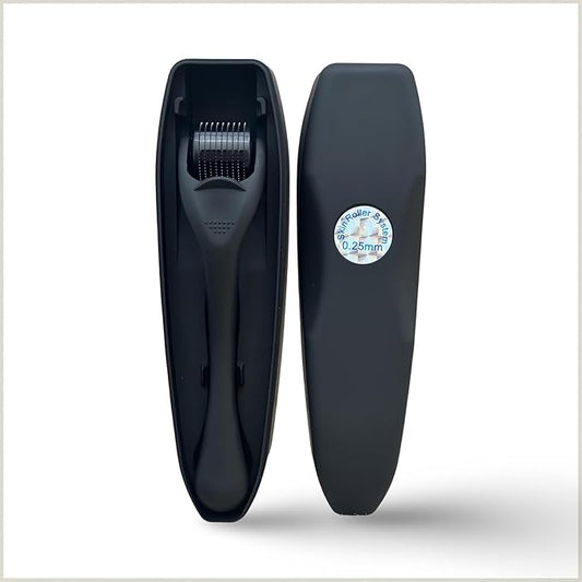 Derma Roller Microneedling Roller, 0.25mm Stainless Steel, Roller for Face, Beard, Scalp hair growth, Body, Microneedle Derm Stamp with Storage Case | For Women and Men | (Matte Black)