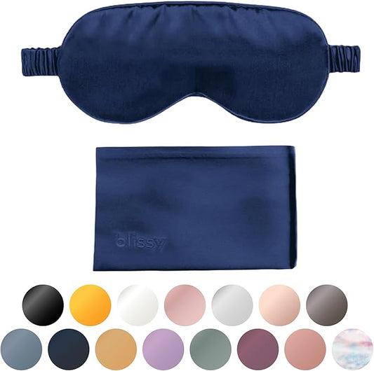Blissy Silk Sleep Mask - Silk Eye Sleeping Mask for Women & Men for Total Blackout - 100% Pure Mulberry Silk, 22 Momme 6a Fibers - Blindfold Silk Sleep Mask Side Sleeper Eye Cover (Blue)