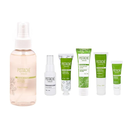 Pistaché Skincare Pistachio Oil Irresistible Scent Set + Body Mist Fragrance + 5-Pc Mini Collection (Travel)+ Hydrates and Nourishes + Vitamin E + Antioxidant Protection