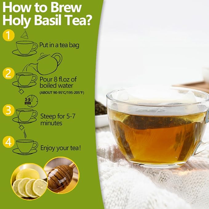 Premium 50 Holy Basil Tea Bags, Made with 100% Natural Tulsi Wild Holy Basil Leaves, No Additives & Caffeine Free.