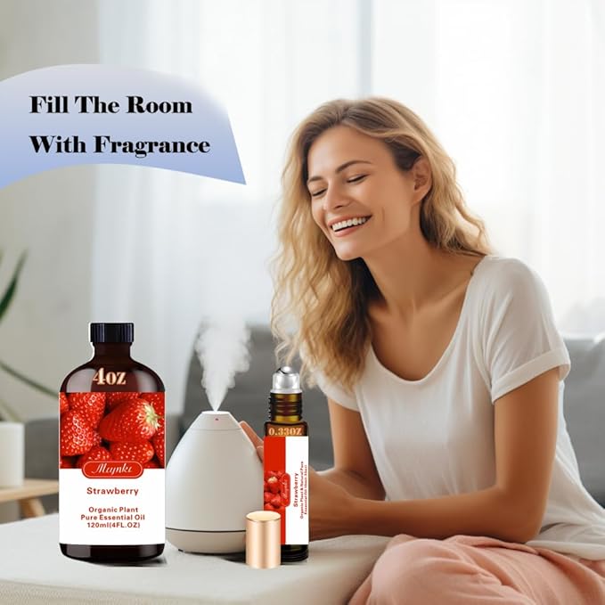 Strawberry Essential Oil - Strawberry Oil 4 Fl Oz & Roll On 10ML Essential Oil Set for Aroma Diffuser Humidifier SPA Cleaning Massage Yoga DIY Soap Perfume Gift for Women