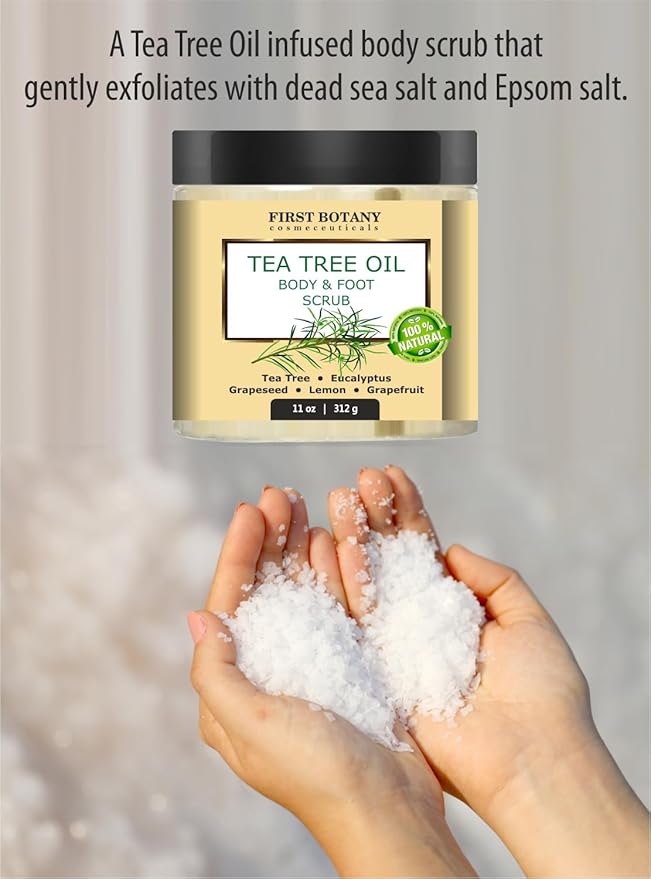 First Botany 100% Natural Tea Tree Oil Body & Foot Scrub with Salt - Best for Acne, Dandruff and Warts, Corns, Calluses, Athlete foot, Jock Itch & Body Odor