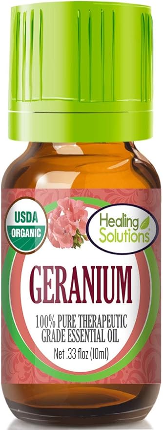 Healing Solutions Geranium Essential Oil (0.33 oz/10ml), Organic, Pure, Undiluted – for Hair Diffuser, Skin, & Aromatherapy