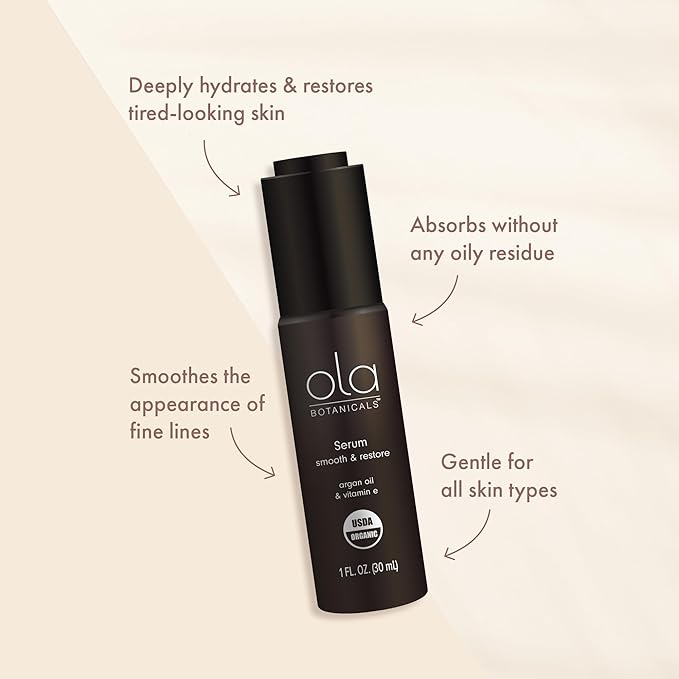 Ola Botanicals Organic Serum, 1 Fl. Oz. (30 mL), Smooth and Restore, Argan Oil and Vitamin E, Certified USDA Organic, Cruelty Free, Non-GMO, Dr. Mercola