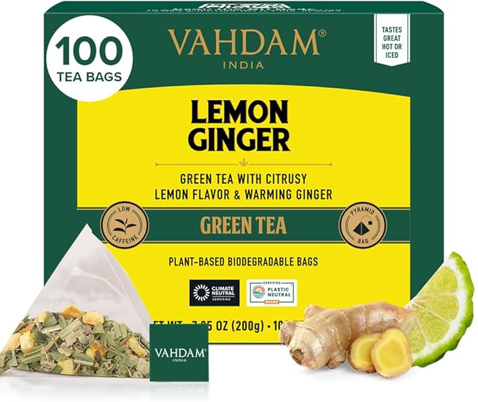 VAHDAM, Lemon Ginger Tea Bags (100 Green Tea Bags) Low Caffeine | Fruity Flavor - Zesty Lemon & Ginger, Orange Peel | Resealable Ziplock Pouch | Brew Hot or Iced Tea