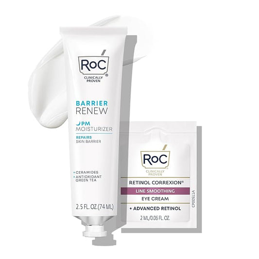 RoC Barrier Renew Night Moisturizer with Ceramides & Antioxidant Green Tea and Lipo Peptides to Renew Skin Barrier, (2.5 oz) with Retinol Eye Cream Packette