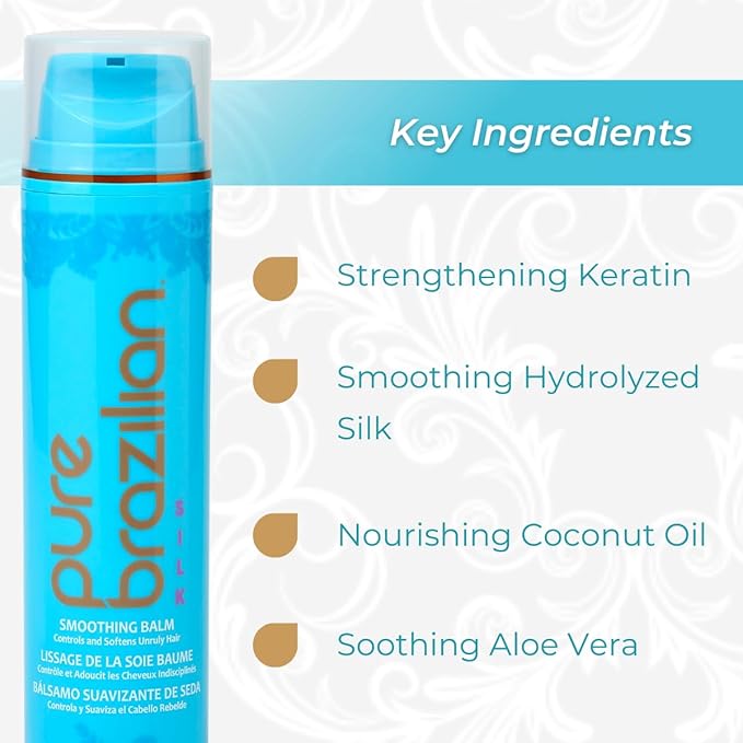 Pure Brazilian Silk Smoothing Balm with Keratin, Hydrolyzed Silk & Coconut Oil, Anti-Frizz, Nourishing & Strengthening Formula, Salon-Quality Treatment, 6.78 Oz