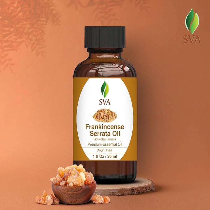 SVA Frankincense Essential Oil – 1 Fl Oz – 100% Natural Boswellia Serrata Oil - for Diffuser, Hair Care, Face, Skin Care, Aromatherapy, Scalp and Body Massage, Soap and Candle Making - with Dropper