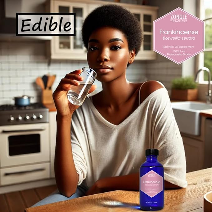 Frankincense Essential Oil, Food Grade, for Face, Pain Relief – 100% Pure, Frankincense, Resin, Oil, Boswellia Serrata, Edible, by Zongle Therapeutics, 4 OZ