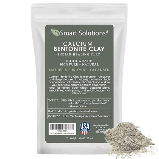 SMART SOLUTIONS Calcium Bentonite Clay Food Grade, 5 lb Pure Indian Healing Clay - All Natural for Internal and External Use | DIY Facial Treatments, Deodorants, Hair Masks
