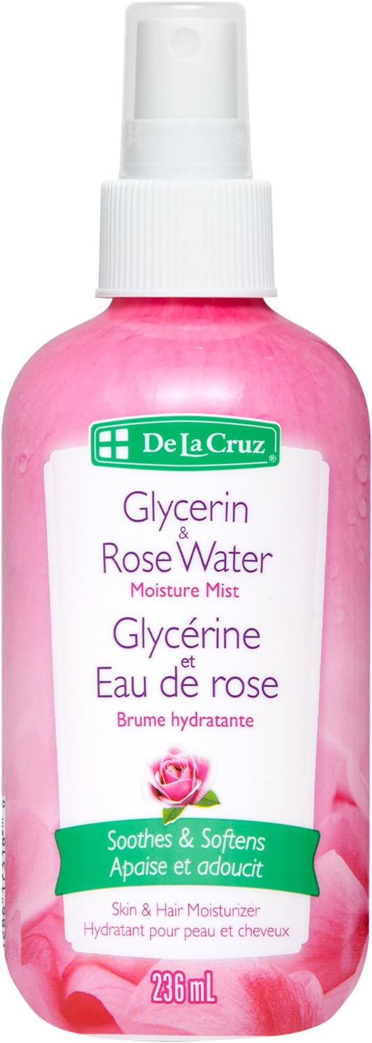 De La Cruz Rose Water and Glycerin Spray for Face - Rosewater Facial Toner and Moisturizer Mist for Skin and Hair 8 fl oz (236 mL)