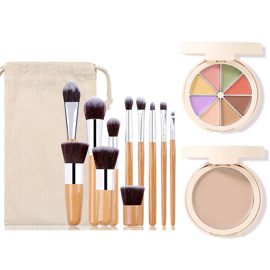 Foundation Concealer Palette with Makeup Sponges & Applicator, 11 Pcs Foundation Powder Concealers Eye shadows Blush Makeup Brushes, 2 in 1 Compact Contouring Duo Layer Plate, Pearl White