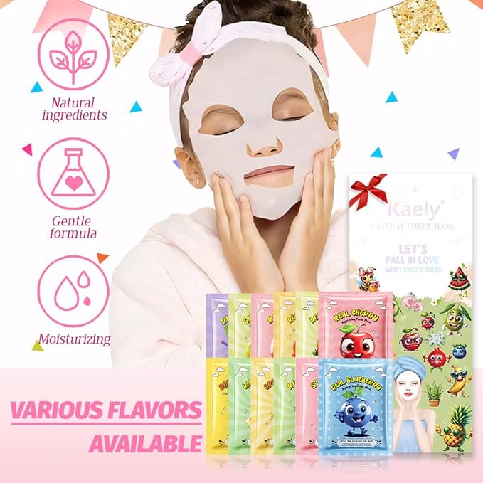 Kaely 12 Pack Fruit Face Masks for Kids, Kids Face Mask Spa Day kit Supplies, Spa Party Favors for Teens Girls Women, Sheet Facial Mask Skincare Gifts Set, Moisturize Soothe for All Skin Types, 01