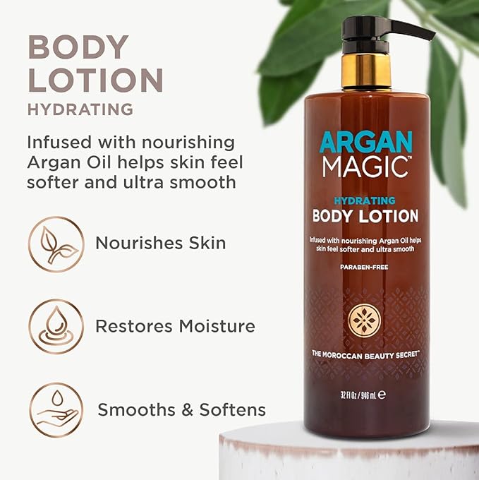 Argan Magic Hydrating Body Lotion with Argan Oil & Shea Butter for Dry Skin - Nourishes Skin, Restores Moisture, Smooths & Softens | Non-Greasy Formula | Paraben Free (32 oz)