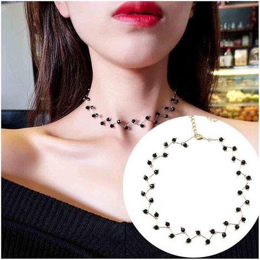 Black Crystal Choker Necklace Short Black Beaded Choker Necklace Silver Chain Necklace Minimalist Necklace Jewelry for Women and Girls