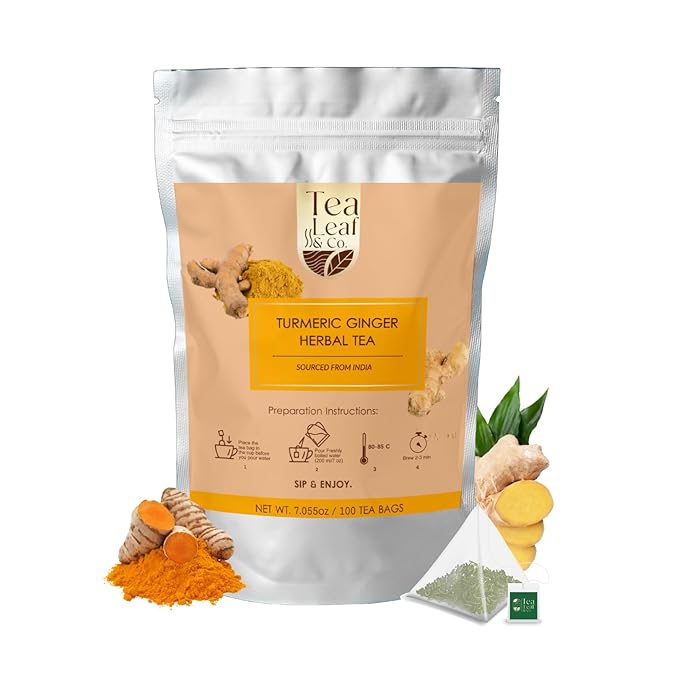 Tealeaf & Co. Turmeric Ginger Herbal Tea - Organic Ginger Turmeric Tea Bags with Fresh Herbs and Spices - Low Caffeine & Gluten Free - 100 Teabags (7.055oz/200gm)