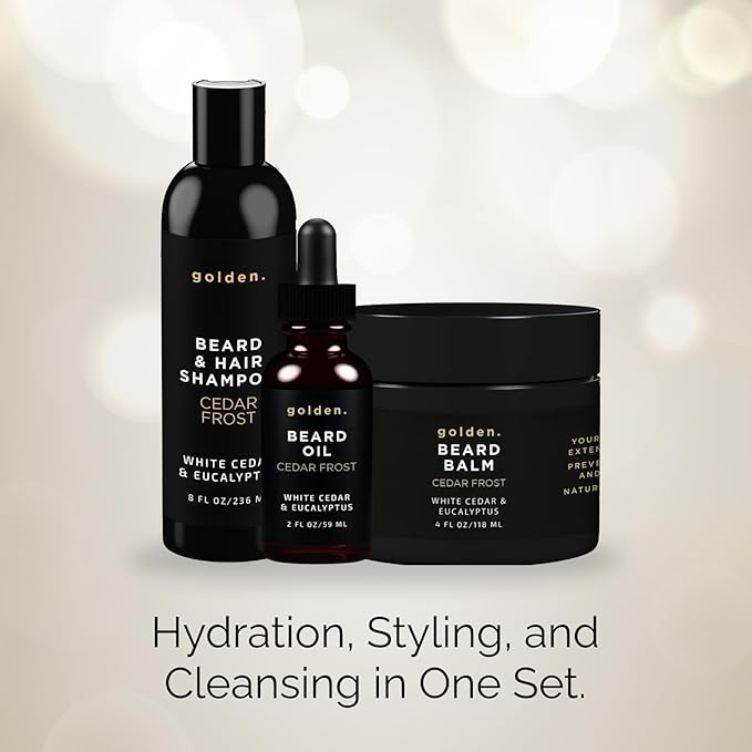 Golden Grooming Co. Everyday Beard Bundle – Complete Beard Care Set | Includes Beard Oil, Balm & Shampoo (XL, Cedar Frost)