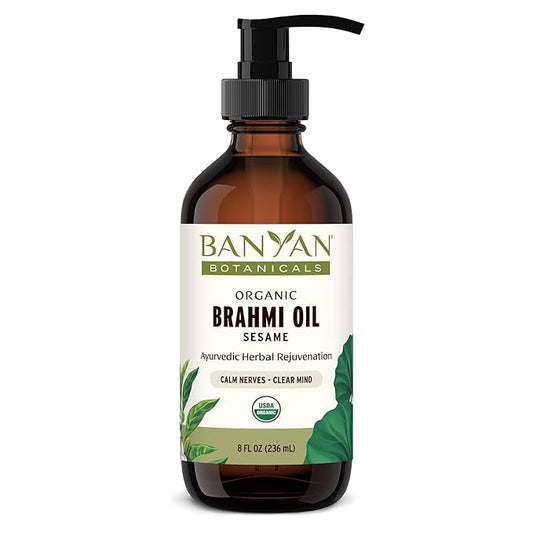 Banyan Botanicals Brahmi Oil with Sesame Base – Organic Ayurvedic Massage Oil with Gotu Kola and Bacopa ­­– Calming Massage Oil for Focus & Relaxation – 8 oz – Non GMO Sustainably Sourced Abhyanga Oil