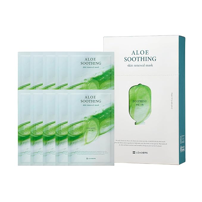 LEADERS Aloe Soothing Skin Renewal Mask – Calms Irritated Skin, Reduces Redness & Provides Deep Hydration – Gentle Formula for Sensitive Skin – Hydrating Face Mask with Aloe Vera – 10 Sheets