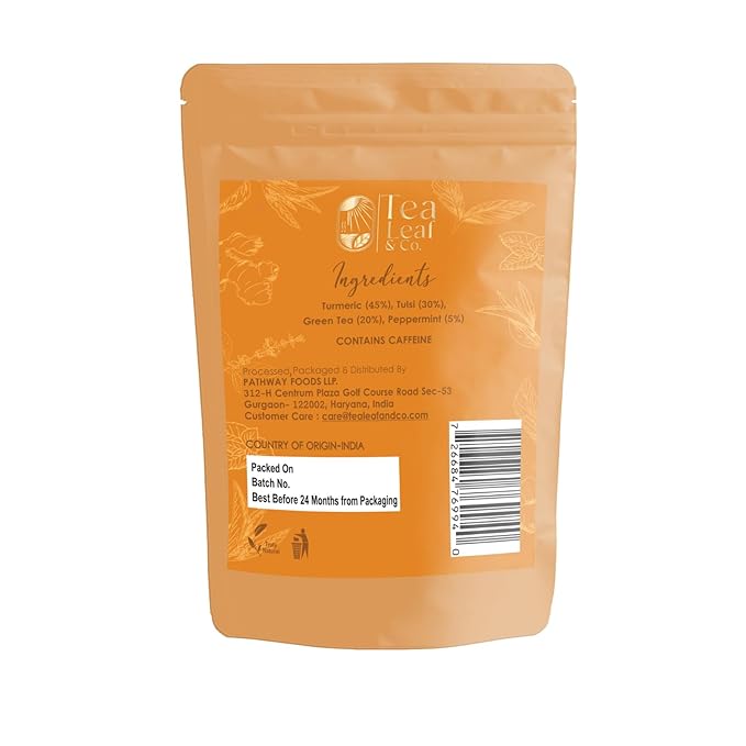 Tealeaf & Co. Turmeric Tulsi Holy Basil Green Tea Loose Leaf - Turmeric, Tulsi & Peppermint Tea Blended with Fresh Herbs & Spices - 50 Servings, Low Caffeine & Gluten Free (3.52oz/100gm)
