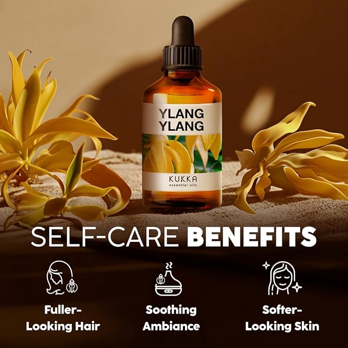 Kukka Ylang-Ylang Essential Oil for Diffuser & Skin - 4 Fl Oz - 100% Pure Natural Ylang Ylang Oil - Boasting a Long Lasting & Exotic Floral Scent fit for Hair, Aromatherapy & DIY Soap Making