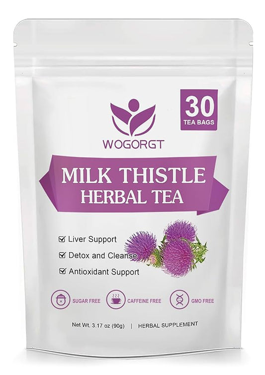 WOGORGT Dried Milk Thistle Tea - Organic Milk Thistle Herbal Tea for Liver Cleanse, Antioxidant and Immune Support, Caffeine Free - 30 Tea Bags