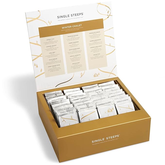 Tea Forte Winter Chalet Single Steeps Loose Leaf Premium Tea Gift Set Sampler, 28 Count, 2 of Each Assorted Blends Pre-Portioned Single Serve Pouches, Steeps 12 oz