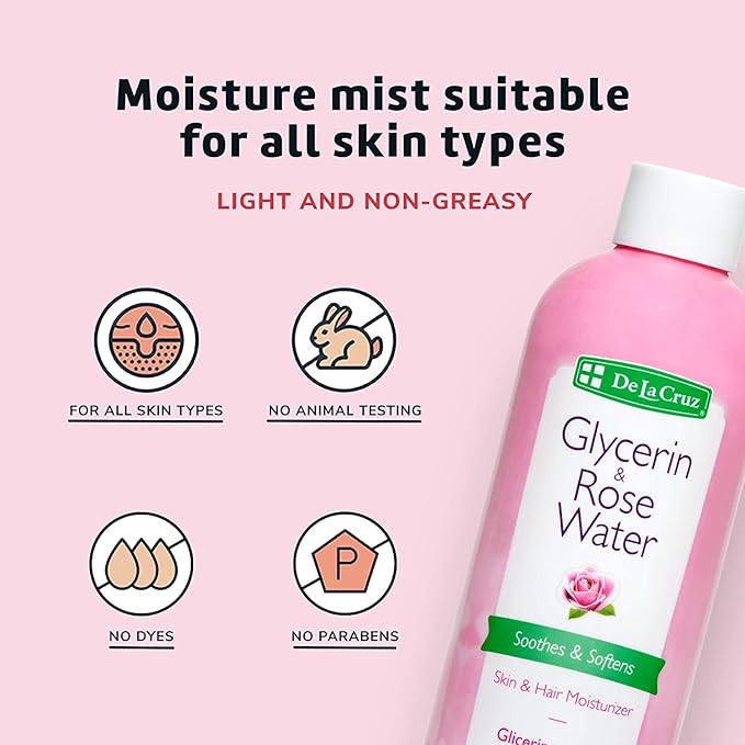 De La Cruz Rose Water and Glycerin for Face - Rosewater Facial Toner and Moisturizer for Skin and Hair 8 fl oz (236 mL) - 8 Bottles