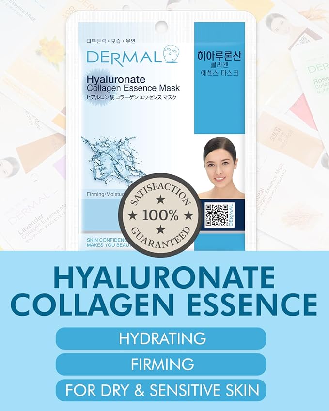 DERMAL Hyaluronate Collagen Essence Facial Mask Sheet 23g Pack of 100 - Hydro Boost Moisturizing for Dry Skin, Smoothing Fine Lines Wrinkles, Daily Skin Treatment Solution Sheet Mask
