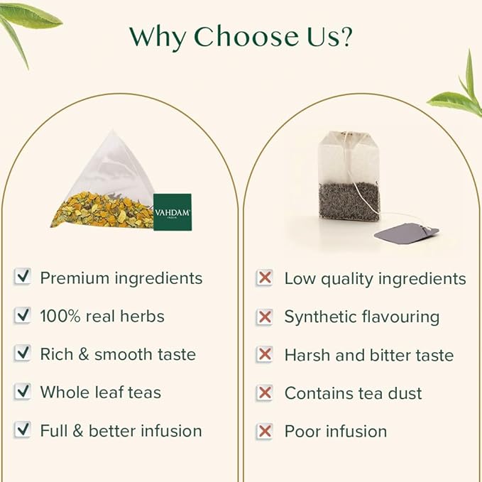 VAHDAM, Turmeric Moringa Tea Bags (100 Herbal Tea Bags) Caffeine Free, Non GMO, Gluten Free | 100% Pure Herbal Blend - Sweet & Earthy | Resealable Ziplock Pouch