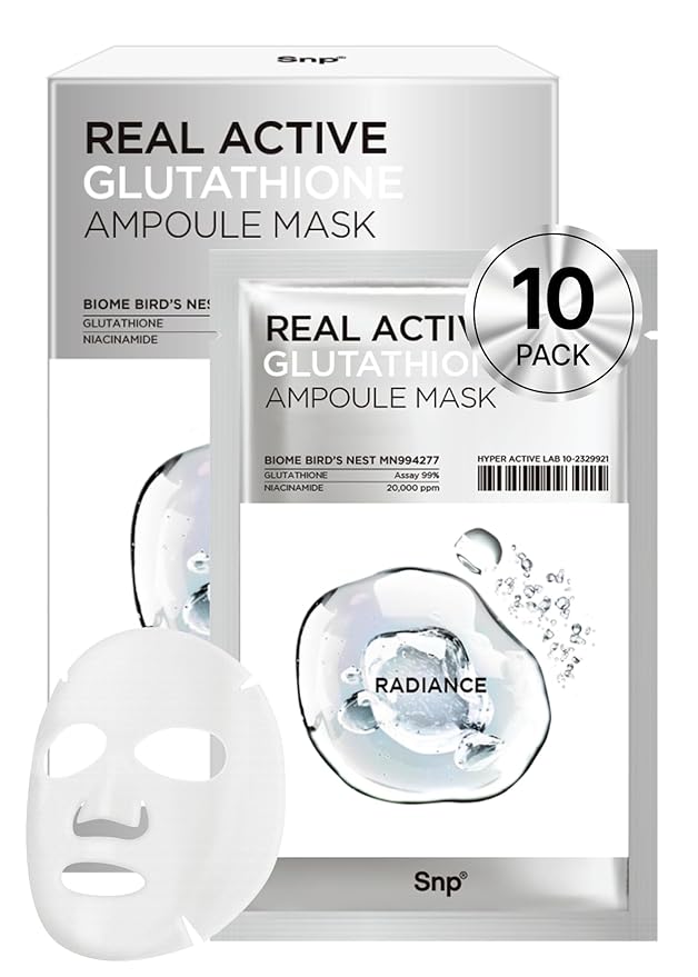 [K Beauty] Real Active Glutathione Ampoule Sheet Mask | Vegan Face Mask with Glutathione & Niacinamide | Revitalizing and Balancing for All Skin Types | Korean Face Masks Skincare | 10 Sheets