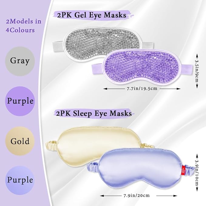 Cooling Eye Mask and Silky Sleep Mask 4 Packs for Man Women for Sleeping Frozen Ice Eye Mask Cold Warm Compress Dark Circles Puffiness Dry Eyes Gifting