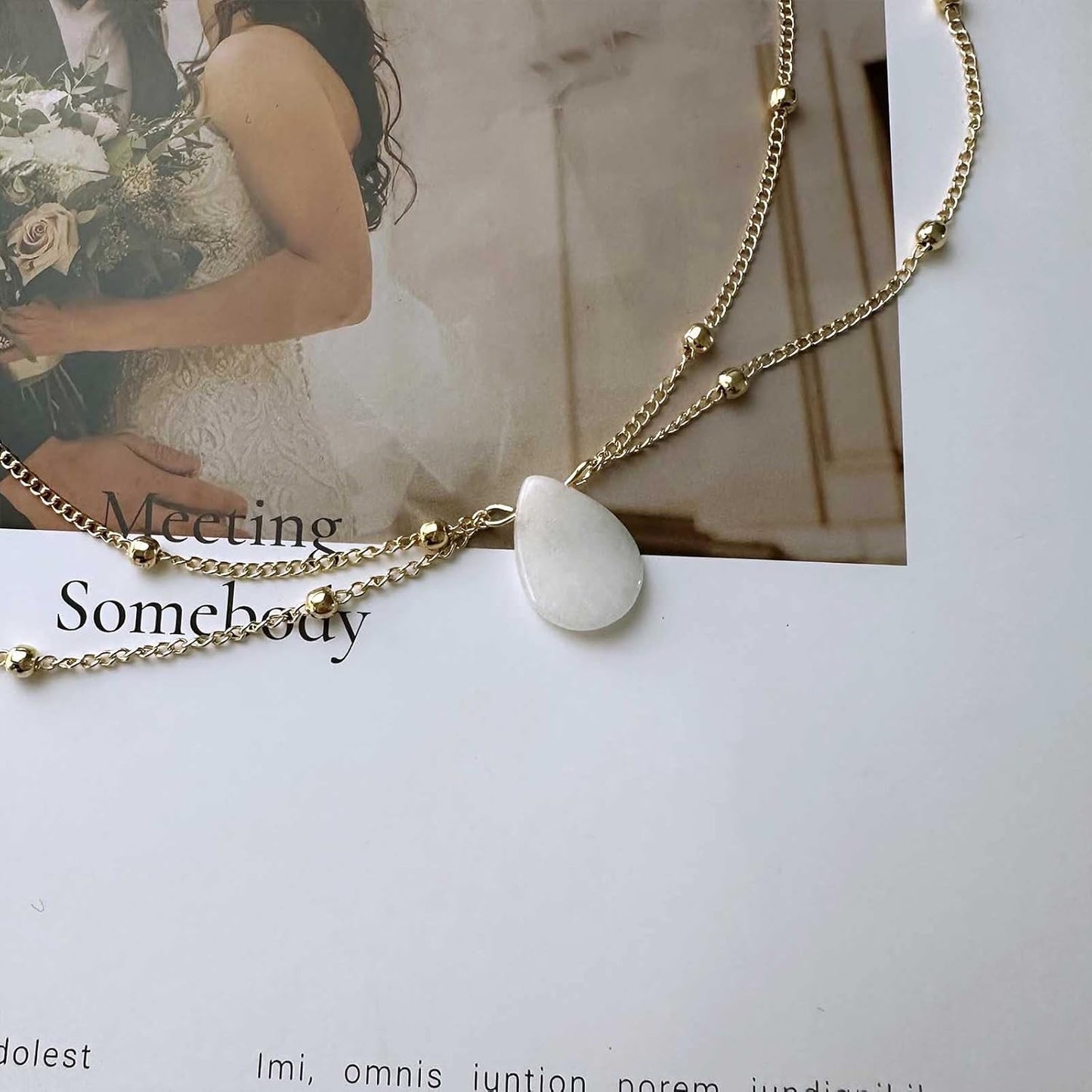 Layered Teardrop Pendant Necklace Teardrop Natural Stone Necklace Teardrop Gemstone Necklace Chain White Teardrop Necklace Choker Gold Satellite Chain Necklace Jewelry for Women and Girls