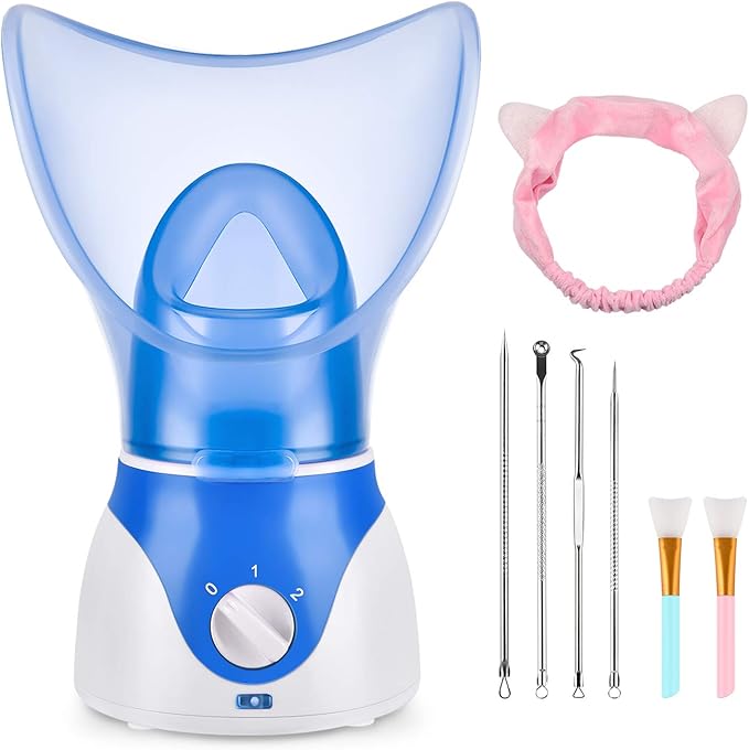 Face Steamer for Facial Deep Cleaning, Facial Steamer for Face, 2 Modes Facial Steamer for Unclogs Pores, Hydrating, Blue(Include Blackhead Remover Kit, Mask Brush, Headband)