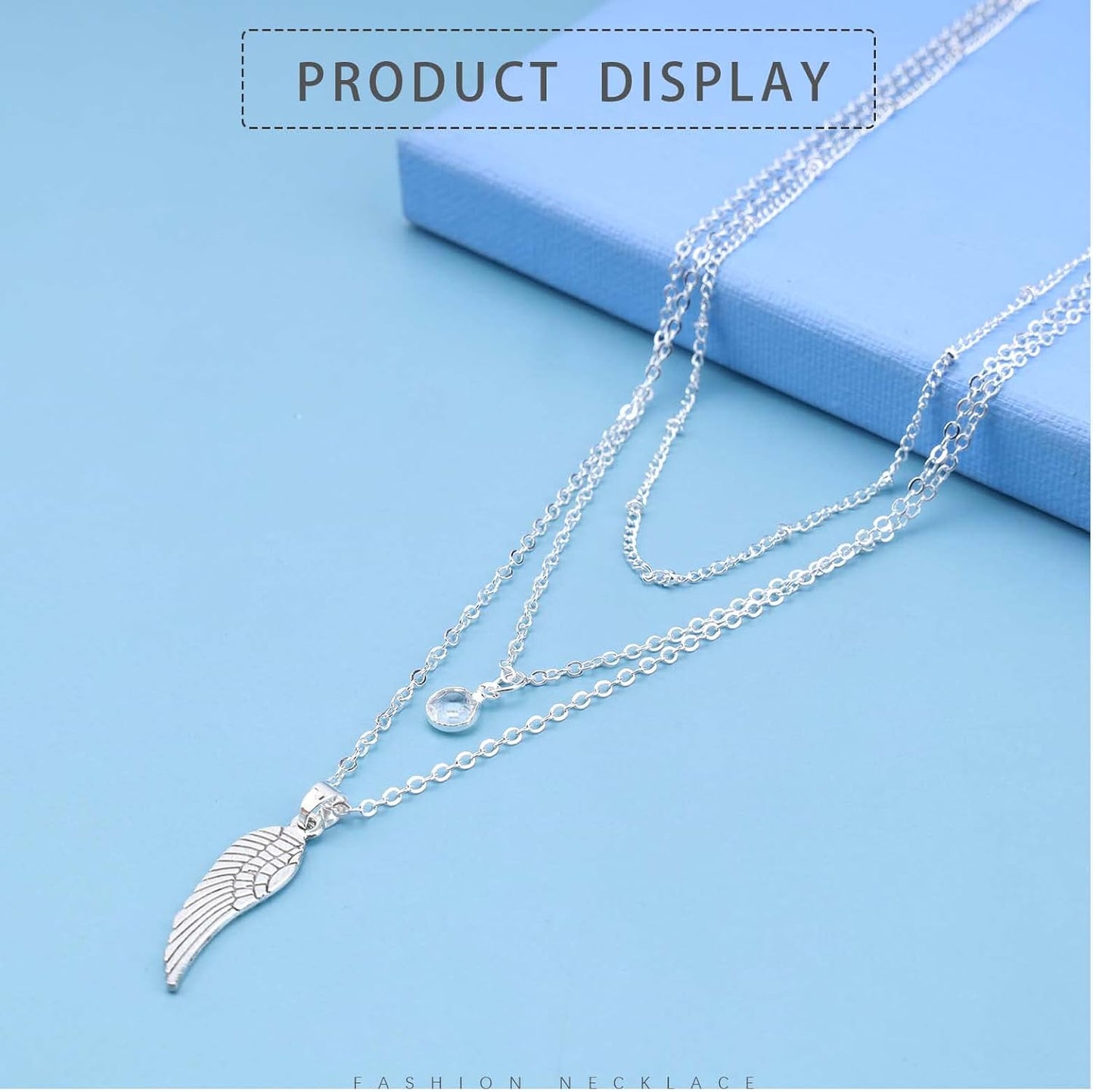 Bohemia Layered Crystal Choker Necklace Angel Wing Pendant Necklace Round Crystal Cz Necklace Chain Silver Guardian Angel Necklace Chain Jewelry for Women