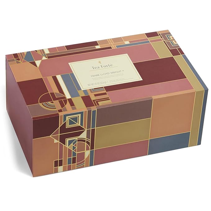 Tea Forte Frank Lloyd Wright 3-Piece Mother's Day Tea Gift Set with Sienna Stoneware Cup with Tea Tray and 10 Count Mini Presentation Box, 2 of Each Blend Handcrafted Pyramid Infuser Tea Bags