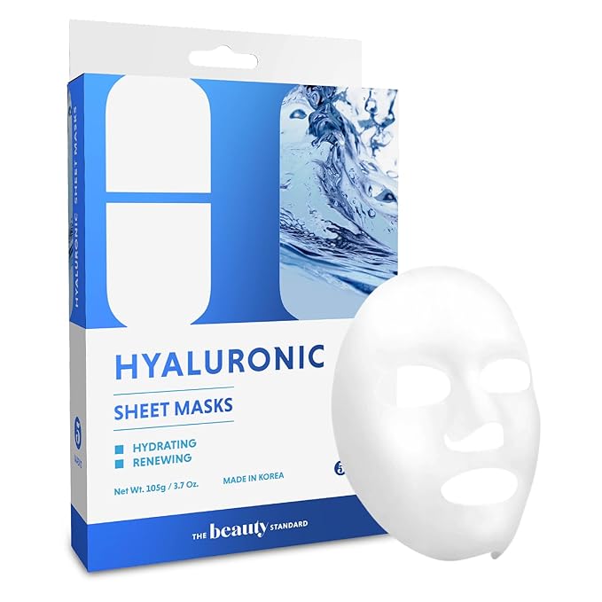 Hyaluronic Acid Sheet Face Mask - Skin Firming, Anti-Aging, Moisturizes & Plumps Skin - Dermatologist Tested, Cruelty-Free Korean Skin Care for All Skin Types - 5 Masks