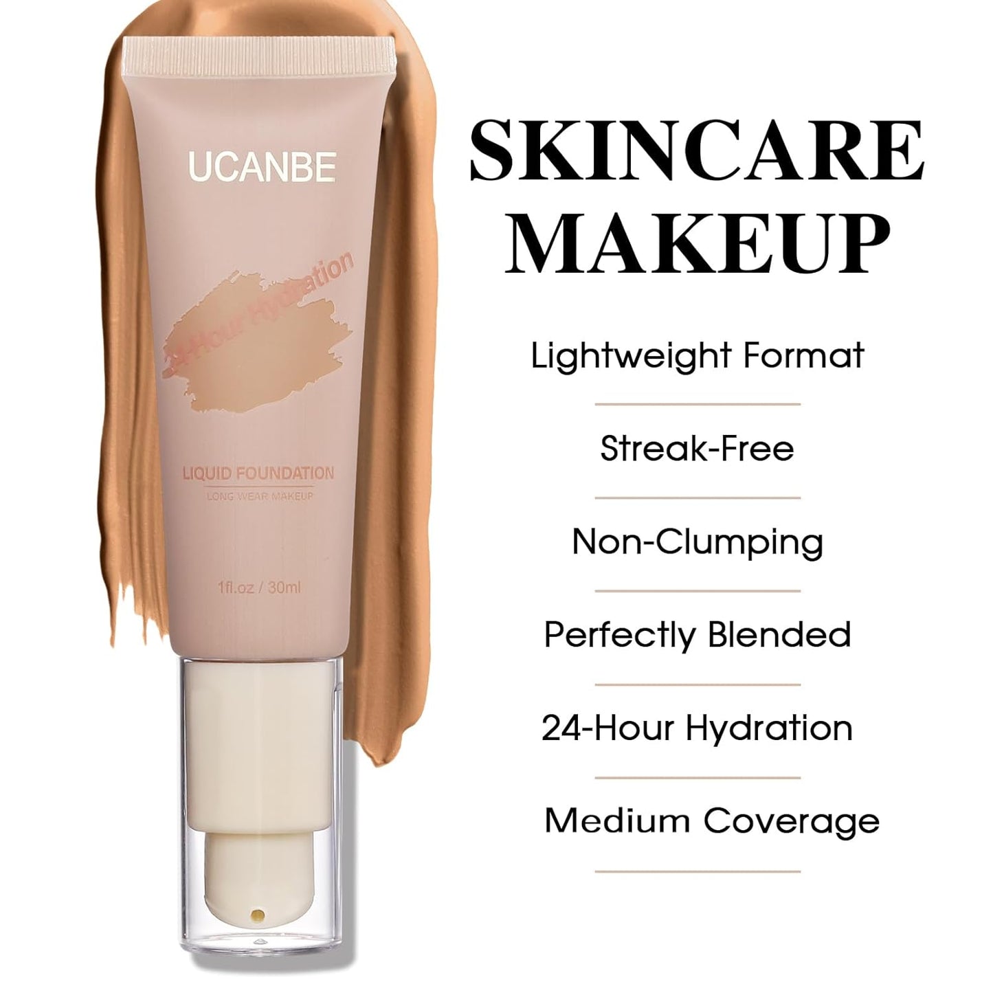 UCANBE Matte Liquid Foundation Makeup, Medium to Full Coverage Waterproof Longwear Serum Cream Foundation for Combination & Oily Mature Skin, Lightweight Hydrating & Nourishing, Cashew, 1 fl. oz.