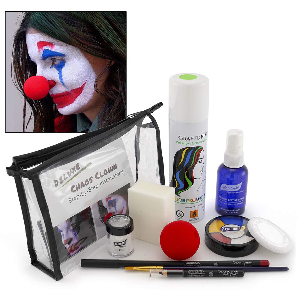 Graftobian Chaos Clown Makeup Kit - Complete 11 Piece Set for Joker Jester or Clown Halloween Costume - Full Color Instructions (Deluxe)