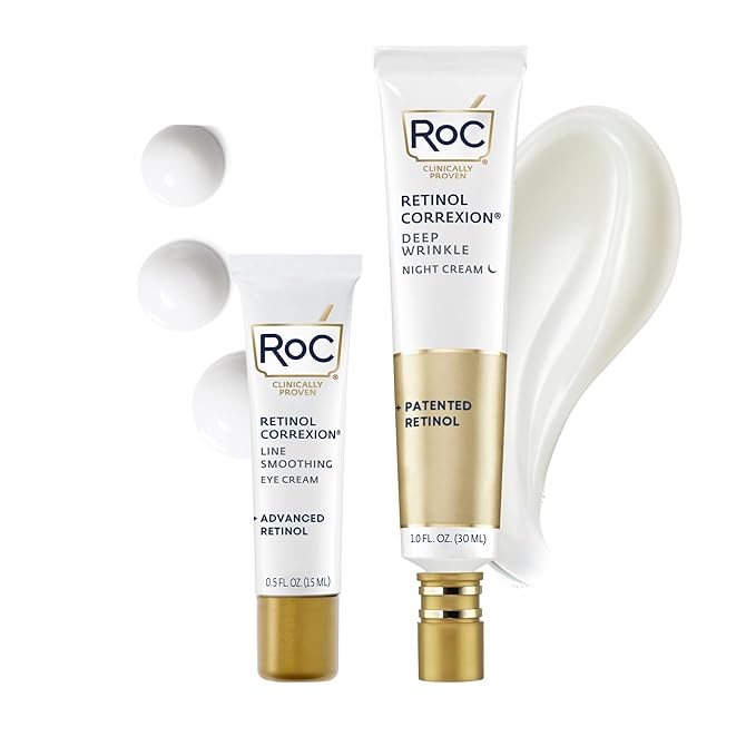 RoC Retinol Correxion Value Set Duo, Deep Wrinkle Anti-Aging Night Face Cream + Daily Under Eye Cream for Dark Circles & Puffiness , Skin Care Set (Packaging May Vary)