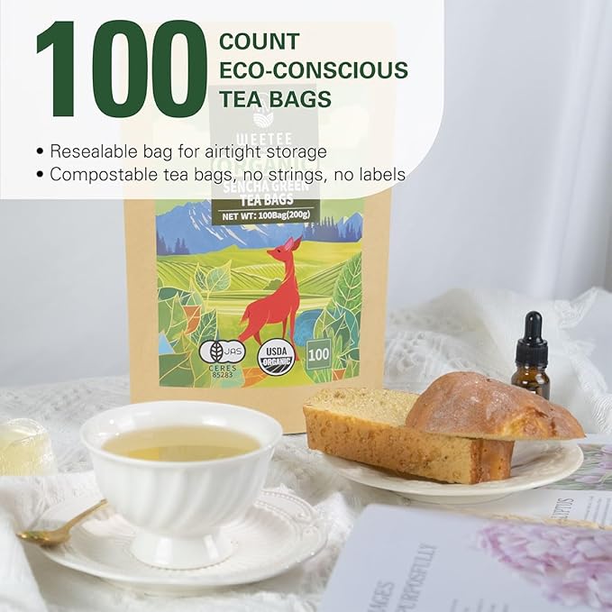 WT WEETEE Organic Sencha Green Tea Bags, Organic Steamed Green Tea 100 Count, Natural Caffeine & Antioxidant, Good for Hot Iced Cold