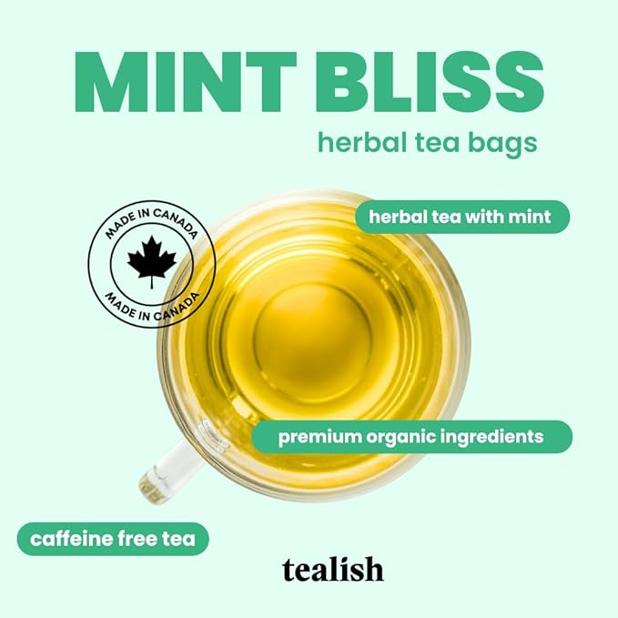 Tealish - Organic Mint Bliss Herbal Tea Sachets, 15 Biodegradable Tea Bags - Organic Herbal Tea Bags - Tea for Digestion, Sip After Meals, Relaxation and Calming Tea