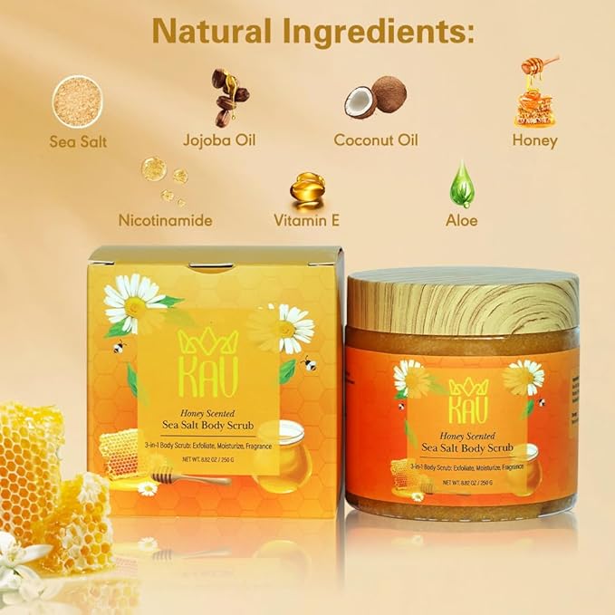 KAV Salt Body Scrub - Natural Exfoliating Salt Scrub for Body and Face, Helps with Moisturizing Skin, Dead Cell Removal, Rejuvenation and Relaxation, 4 Scents (Honey)