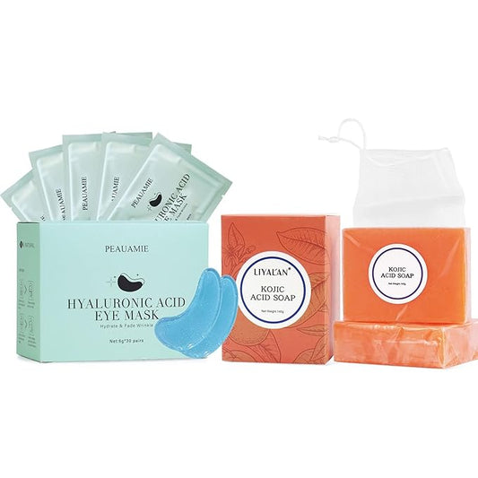 Hyaluronic Acid Eye Mask for Dark Circles and Eye Bags & Kojic Acid Soap Moisturizing Deep Cleansing for Face and Body