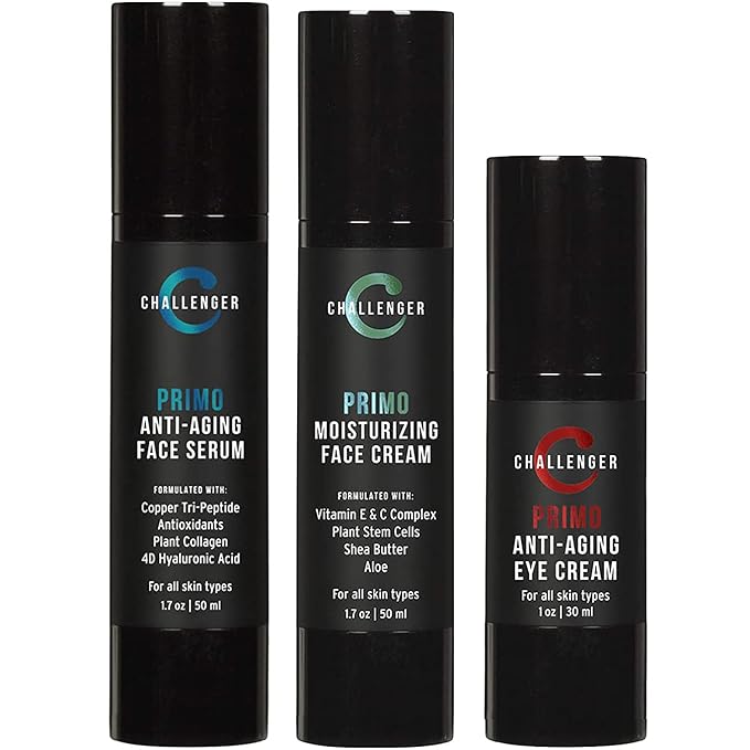 Challenger Men's Primo Anti-Aging Trio - Face Serum, Moisturizer, & Eye Cream - Plant Stem Cells, Matrixyl 300, Vitamin C, Hyaluronic Acid