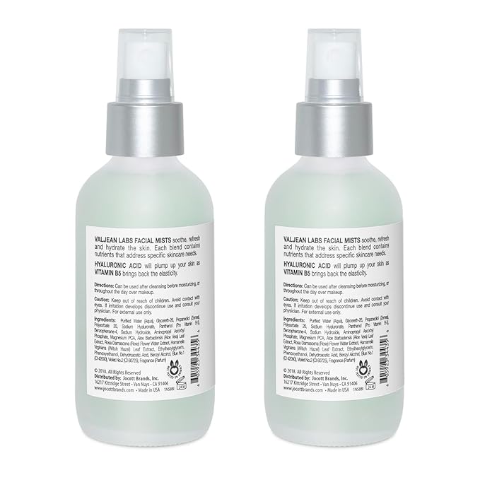VALJEAN LABS Face Mist - Hydrate | Hyaluronic Acid + Vitamin B5 | Helps to Hydrate and Plump Skin and Restore Elasticity | Paraben Free, Cruelty Free, Made in USA (4 oz, 2 Pack)