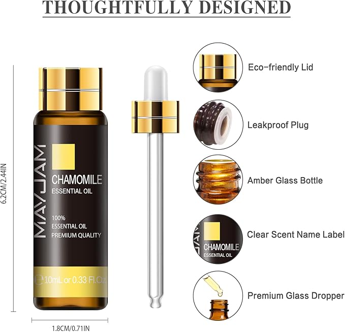 Chamomile Essential Oil, MAYJAM 10ML/0.33FL.OZ Premium Chamomile Oils for Soap Candle Making, Diffuser, Bedroom, Living Room, Office