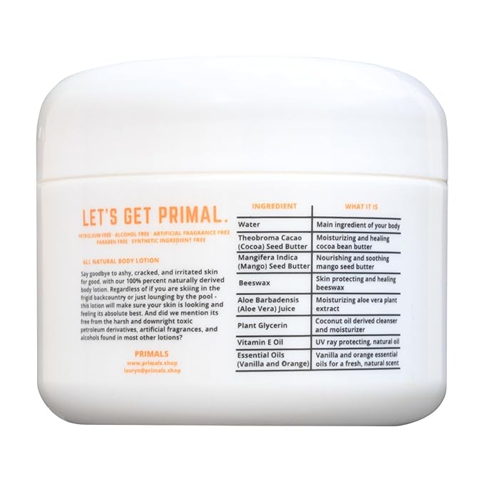 PRIMALS All Natural Body Lotion - Cocoa Butter & Mango Butter - 100% Naturally Derived Ingredients - Alcohol Free, Artificial Fragrance Free, Paraben Free, Petroleum Derivative Free - 8.45 oz