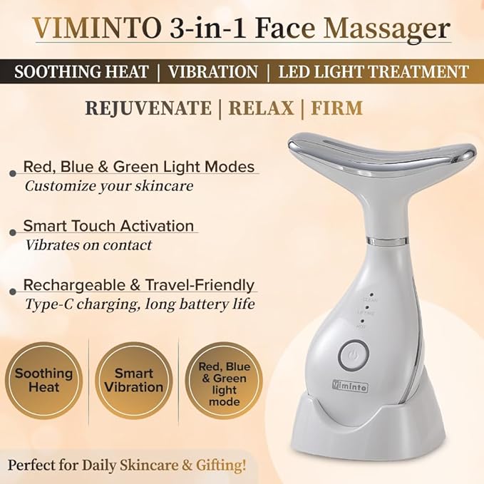 VIMINTO 3-in-1 Face Massager – Facial Massager Tool with Soothing Heat, Vibration, and Smart Touch – Red, Blue & Green Light Modes for Relaxation and Radiance – Compact & Portable - White