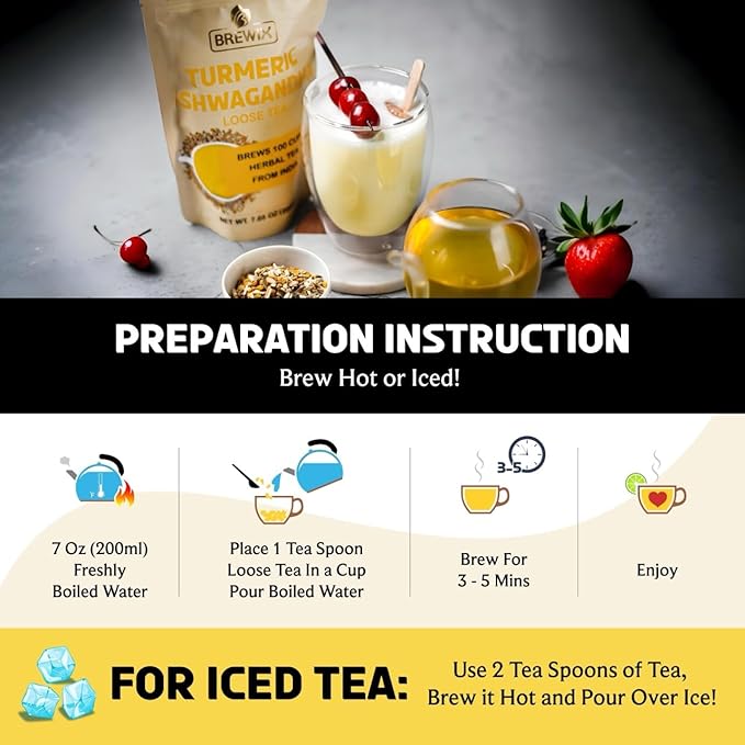 BREWIX, Turmeric Ashwagandha Herbal Tea Loose Leaf (100+ Cups, 7.05oz/200g) Real Ingredients From India, Caffeine Free & Naturally Gluten Free